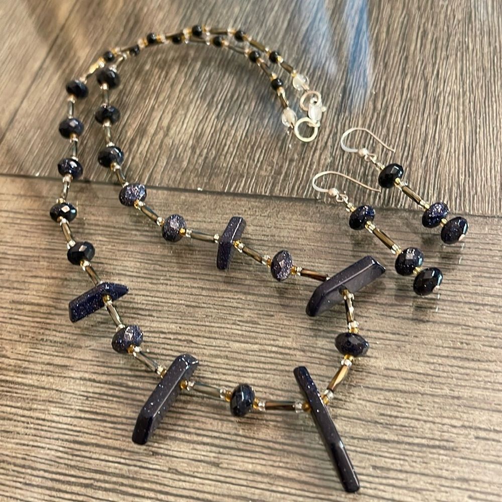 Vintage Blue Goldstone Beaded Necklace & Earrings